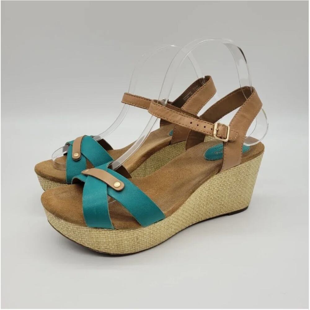 Clarks Teal and Tan Wedge Sandals - Picture 2 of 11